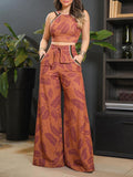 Leaf Print Sleeveless Top & Pants Set Summer Women Two Piece Set