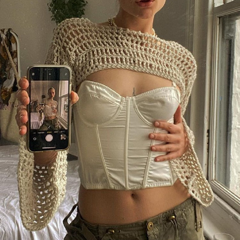 Harajuku Knitted Crop Top Hollow Out Long Sleeve T shirt Women Aesthetic Vintage Crochet Cover-ups Tees y2k Streetwear