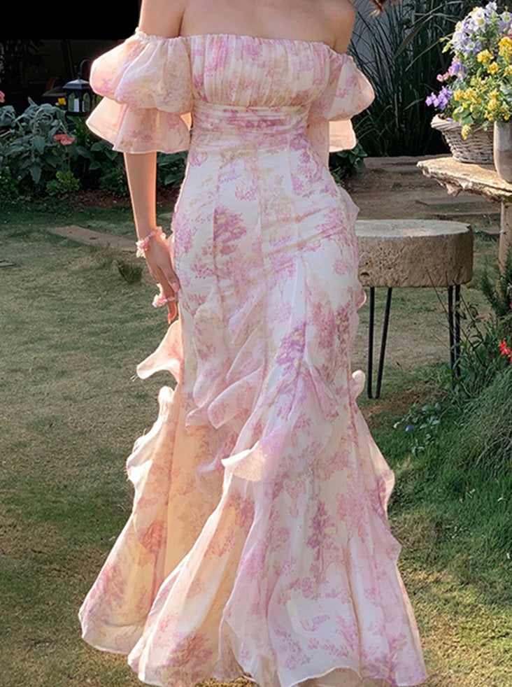 Hulianfu Chiffon Dress for Women Fashion Fairycore Floral Spaghetti Strap Summer Dress Elegant Slash Neck Ruffle Midi Dress