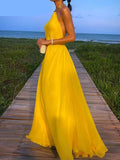 Hulianfu Elegant Backless Yellow Dress Women Chain Halter Neck Sleeveless High Waist Sexy Midi Dresses Summer Party Vestidos