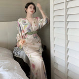 Hulianfu Printing Midi Bodycon Dress Elegant Japan Style V-Neck Long Half Batwing Sleeve Sashes Floral Maxi Dresses for Women Summer 2023