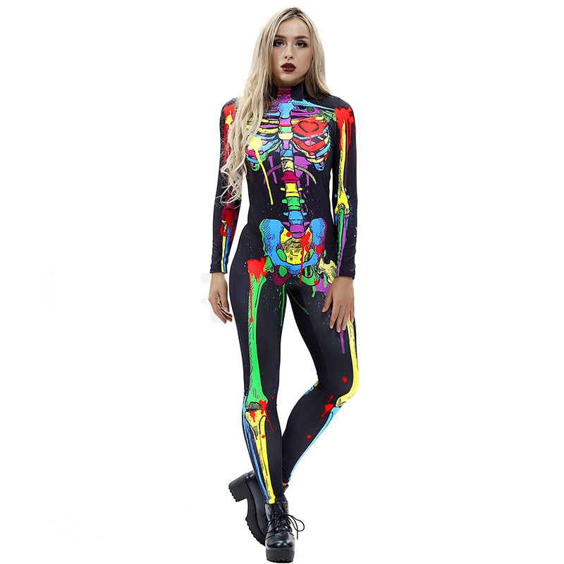 Scary Halloween Skeleton Bone Print Costume Adult Women Horror Carnival Blood Catsuit Jumpsuit X Ray Long Sleeves Bodysuit