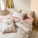 HULIANFU Japan Style Plaid Pattern Bedding Set Queen Simple Washed Cotton Bedding Duvet Cover Set with Sheets Quilt Cover Pillow Covers