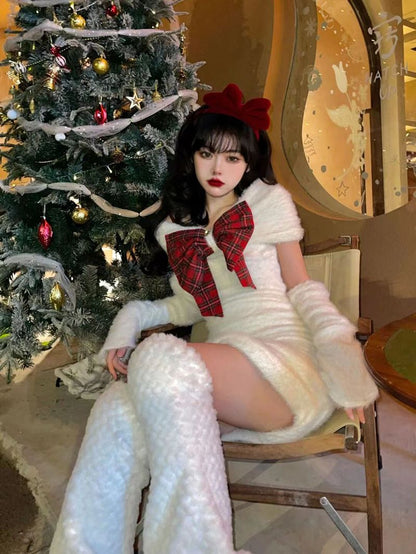 hulianfu Women Winter White Faux Fur Slim Christmas Party Dress New Lady Off Shoulder Elegant High Waist Bodycon Dress With Red Bow