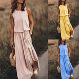 hulianfu Summer Solid Long Dress Women Casual Sleeveless Elastic Waist Side Slit Maxi Dresses Female O-Neck Loose Tank Dress Sundress