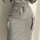 hulianfu Christmas Autumn Winter Casual Long Sleeve V Neck Lowcut Grey Dress Flap Detail Drawstring Waist Hooded Sweatshirt Dress