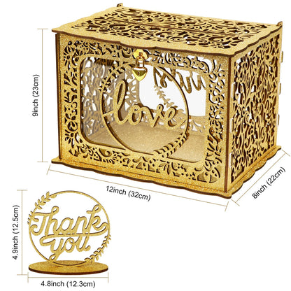 HULIANFU OurWarm Gold Wedding Card Box with Lock Wood Gift Box Holder with Clear Acrylic and String Light Design for Party Decorations