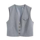 Hulianfu Suits Spring OL Style Sets Women Casual 2 Piece Sleeveless Blazer Cropped V Neck Vest + Loose Long Pants Grey