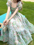 Hulianfu Vintage Floral Evening Midi Maxi Dresses for Women Elegant Casual Party Prom Green Holiday Princess Fairy Long Dress Summer