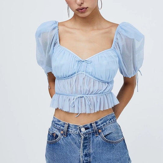 Summer hulianfu Women Solid Vintage Puff Sleeve Transparent Mesh Tops V Neck Short Sleeve Shirt Female Crop All-match Slim Blouse