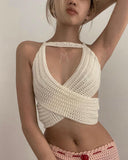 Knitted Crop Top Y2K Backless Strap Tank Tops Sexy Summer Sleeveless Beach Cami V Neck Fashion Angel-wing-like Top