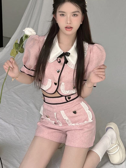Summer Small Fragrance Tweed 2 Piece Set Women Puff Sleeve Crop Top + Shorts Suits Korean Fashion Pants Sets Sweet Two Piece Set