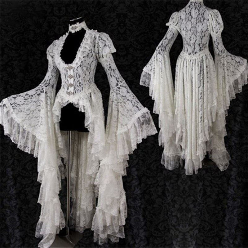 S-5Xl Medieval Women Vintage Dress Carnival Cosplay Costumes Solid Lace Elegant Long Robe Wide Sleeves Sexy Retro Lady Cardigan
