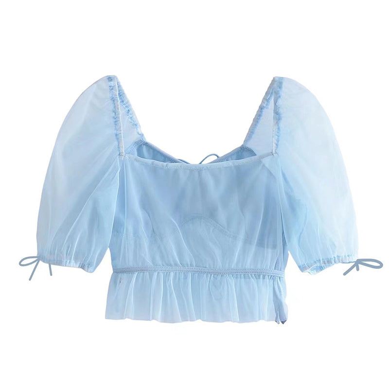 Summer hulianfu Women Solid Vintage Puff Sleeve Transparent Mesh Tops V Neck Short Sleeve Shirt Female Crop All-match Slim Blouse