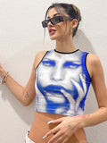 3D Print Graphic Crop Top Women O-Neck Contrast Trim Tank Top New Fashion Sleeveless Tee Shirt Y2K Streetwear