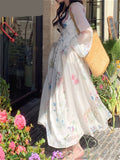 Hulianfu Print Midi Dresses for Women 2023 Fairycore Square Collar Long Sleeve Vintage Dress New Fashion Elegant Party Dresses
