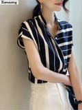 hulianfu Summer Women Casual Striped Shirt Office Lady Short Sleeve Fashion Chiffon Shirt Top Female Blouse