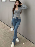 Hulianfu Knitting T-shirt Women Slim Sexy Long Sleeve Daily V-neck Casual Korean Style Pure Retro Minimalist Hot Girls Spring See-through