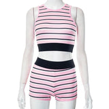 Striped Print Street Two Piece Set Women Casual Cropped Tank Tops and Tight Biker Shorts Matching Summer  Tracksuits