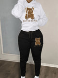 Lovely Bear Letter Print Kangaroo Pocket Tracksuit Set Long Sleeve Hoodie+Drawstring Trousers Women Two Pieces Matching Suits