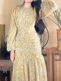 Hulianfu Floral Print Lace Midi Dresses for Women Clothing Elegant Long Sleeve Folds Party Prom Female Beach Bodycon Dress Summer 2023