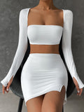 Hulianfu 2 PCS Sexy White Mini Dress Set Long Sleeve Top Summer Skirts Suits Bodycon Women Party Short Split Dress Suit