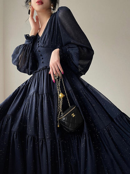 Hulianfu Ruffle Dress for Women New Fashion Fairycore Lantern Sleeve V Neck Vintage Dress Elegant Solid Pullover Y2k Dress