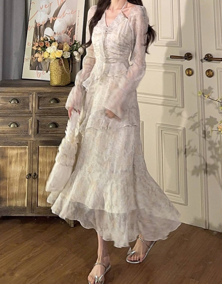 Hulianfu French Style Floral Dress for Women 2023 V Neck Long Sleeve Mini Dress Elegant Chic Sweet Asymmetrical Midi Sexy Dress