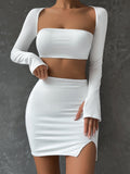 Hulianfu 2 PCS Sexy White Mini Dress Set Long Sleeve Top Summer Skirts Suits Bodycon Women Party Short Split Dress Suit