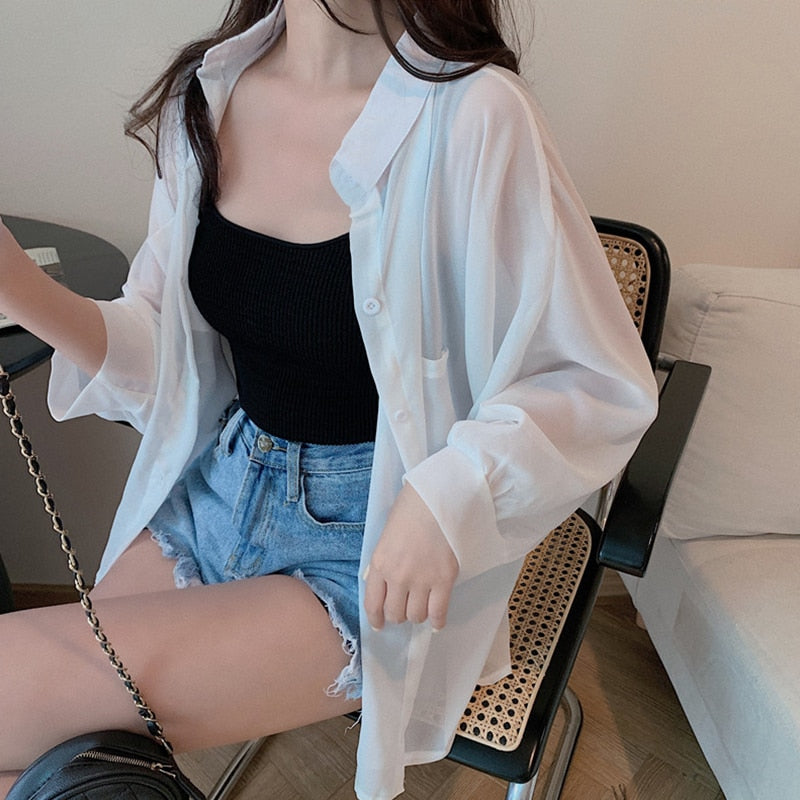 Hulianfu Shirts Women Sun Protection Loose All-match Summer Korean Style Casual Solid Tops Fashion Simple Chic Outerwear Thin Baggy Soft
