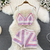 Knitted Crochet Two Piece Set Women Sexy V-Neck Cropped Tank Top and High Waist Shorts Matching Summer  Beach Outfits