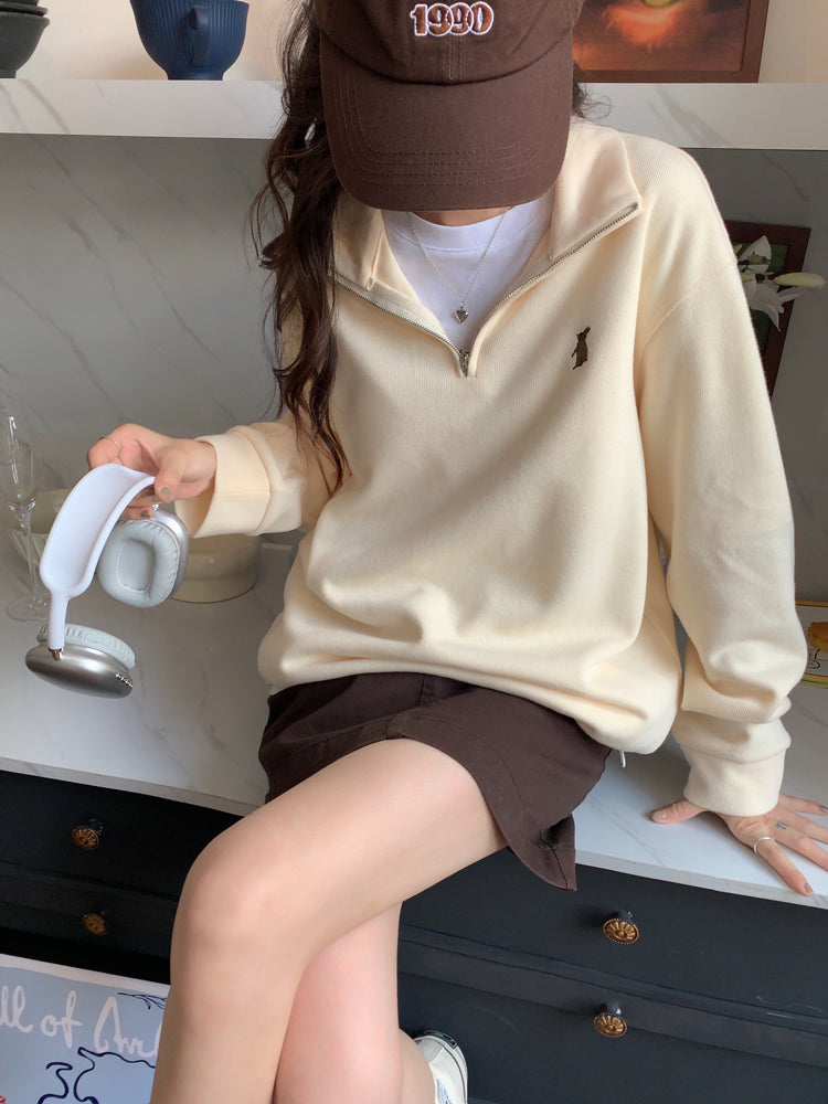 Vintage Women Sweatshirt Autumn Casual Loose Solid White Zip Up Polo Collar Basic Winter Female Oversized Tops Pullover Hoodies