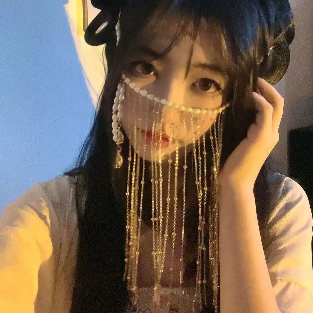 hulianfu exotic headdress Hanfu tassel hair accessories ancient costume forehead eyebrows falling curtain veil