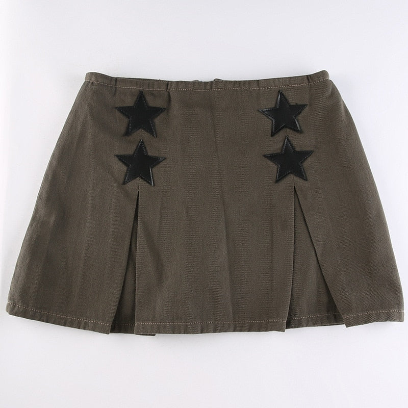 Hulianfu Women Y2K Grunge Denim Skirt with Star Pattern Patchwork Summer Zipper High Waist Pleated A-line Mini Skirts Fashion Clothes