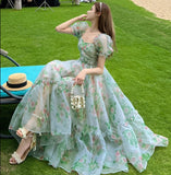 Hulianfu Vintage Floral Evening Midi Maxi Dresses for Women Elegant Casual Party Prom Green Holiday Princess Fairy Long Dress Summer