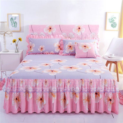 HULIANFU  3pcs set Elegant floral bed skirt skin-friendly cotton lace bedding home decor bedspreads queen pink king size bed cover