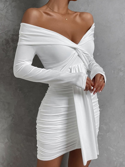 Hulianfu Sexy Tight Long Sleeve Short Club Dress White Evening Bodycon Dresses For Women Off Shoulder Party Mini Dress