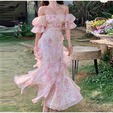 Hulianfu Floral Sweet Women Midi Dress Mesh Elegant Slash Neck Korean Summer Female Dresses Petal Sleeve Fashion Lady Vestido New