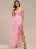 Elegant Evening Dresses Spaghetti Straps Asymmetric Sequin Tulle Floor-Length  Ever Pretty of Pink Bridesmaid dresses