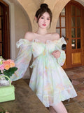 Hulianfu France Sweet Tie-dyed Fairy Dress Women Elegant Chic Ruffles V-Neck Long Sleeve Princess Dresses Female Casual Beach Vestidos