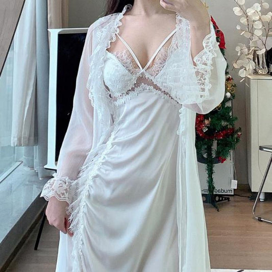 hulianfu Bride White Bathrobe Gown Sleep Suit Summer Women 2PCS Robe Set Nightdress Lingerie Lace Satin Sleepwear Kimono Loungewear