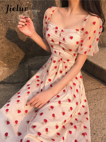 Vintage Elegant Point Lace Korean Party Dresses Lady Short Sleeve Dress for Women Female A-Line High Waist Vestidos