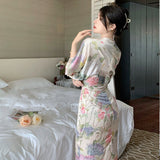 Hulianfu Printing Midi Bodycon Dress Elegant Japan Style V-Neck Long Half Batwing Sleeve Sashes Floral Maxi Dresses for Women Summer 2023