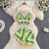 Knitted Crochet Two Piece Set Women Sexy V-Neck Cropped Tank Top and High Waist Shorts Matching Summer  Beach Outfits