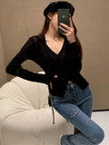 Hulianfu Knitting T-shirt Women Slim Sexy Long Sleeve Daily V-neck Casual Korean Style Pure Retro Minimalist Hot Girls Spring See-through