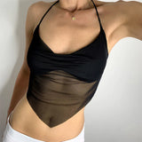 Sexy Transparent y2k Mesh Halter Tops Women V-neck Backless Korean Solid Crop Tops Fashion Korean Camisole 90s Tee Cuteandpsycho