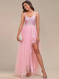 Elegant Evening Dresses Spaghetti Straps Asymmetric Sequin Tulle Floor-Length  Ever Pretty of Pink Bridesmaid dresses