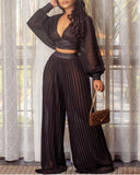 hulianfu Ladies Long Sleeved Black V-Neck Top Loose Stitching Pleated Wide Leg Pants Two-Piece Set