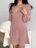 Hulianfu Vintage V-neck Lantern Sleeve Knit Elegant Vestidos De Mujer Fashion Korean Sweater Bodycon Y2K Mini Dress Women Clothing Autumn