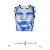 3D Print Graphic Crop Top Women O-Neck Contrast Trim Tank Top New Fashion Sleeveless Tee Shirt Y2K Streetwear